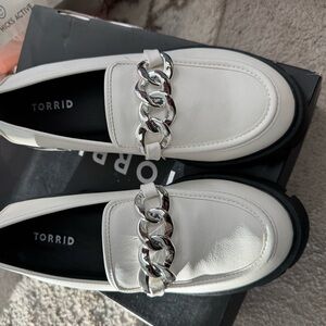 Torrid White Loafers with Silver Chain Accent